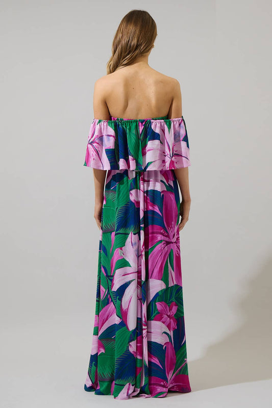 Ellerton Tropics Enamored Off the Shoulder Ruffle Dress |  Purple Multi