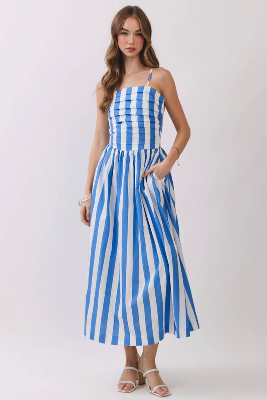 Stripe Back Side Pockets Smocked Midi Dress | Blue