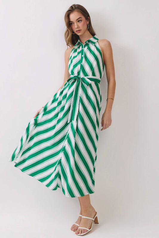 Striped Sleeveless Collared Midi Shirt Dress | Green