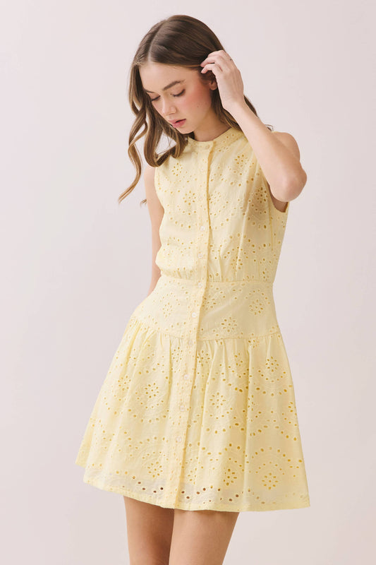 Sleeveless Eyelet Lace Button Front Dress | Yellow