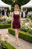 Stitch Detail Corset Mini Dress with Embroidered Scallop Hem: BURGUNDY / L
