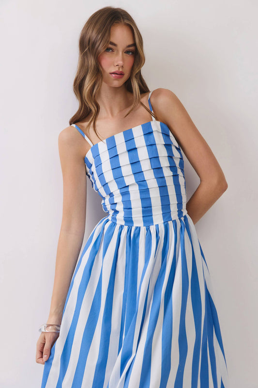 Stripe Back Side Pockets Smocked Midi Dress | Blue