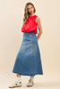 High Waisted Paneled A Line Denim Midi Skirt | Denim Blue