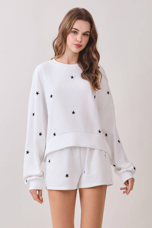 Allover Star Embroidery Drop Shoulder Sweatshirt | White