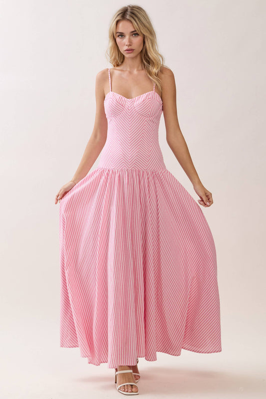 Striped Sweetheart Neck Corset Style Maxi Dress | Pink