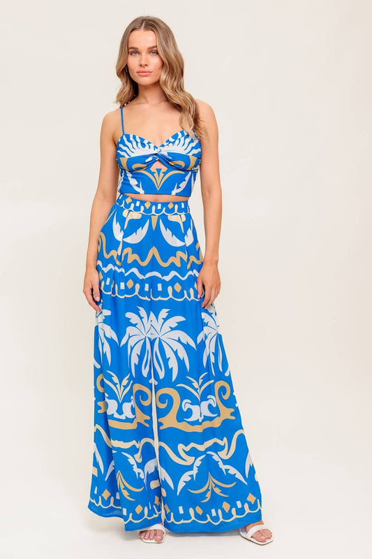 Printed Woven Crop Top and Pant Set | Blue