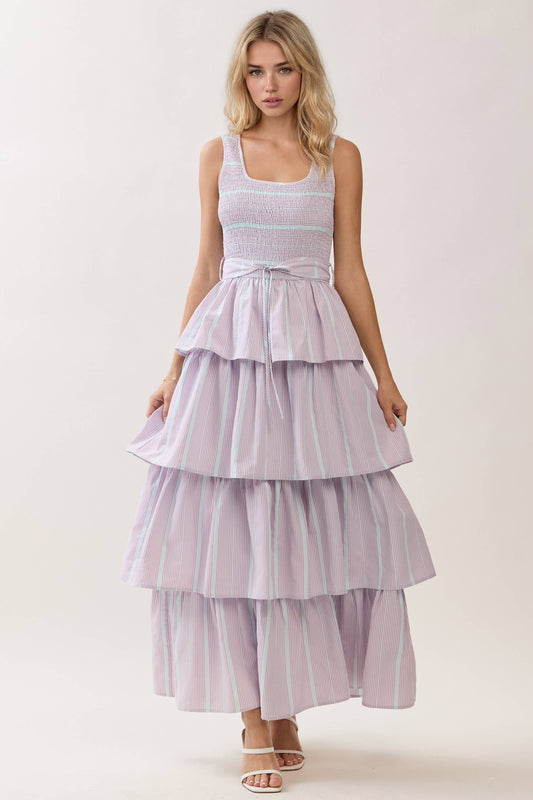 Smocked Bodice Waist Tie Tiered Maxi Dress | Pink