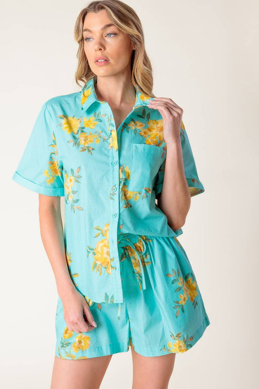 Printed Woven Top and Short Set | Turquoise