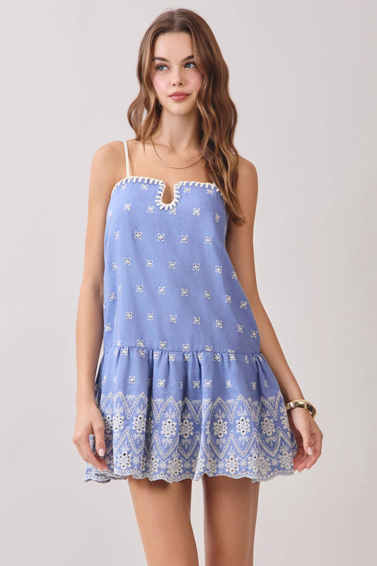 Contrast Straps Embroidered Detail Mini Dress | Blue