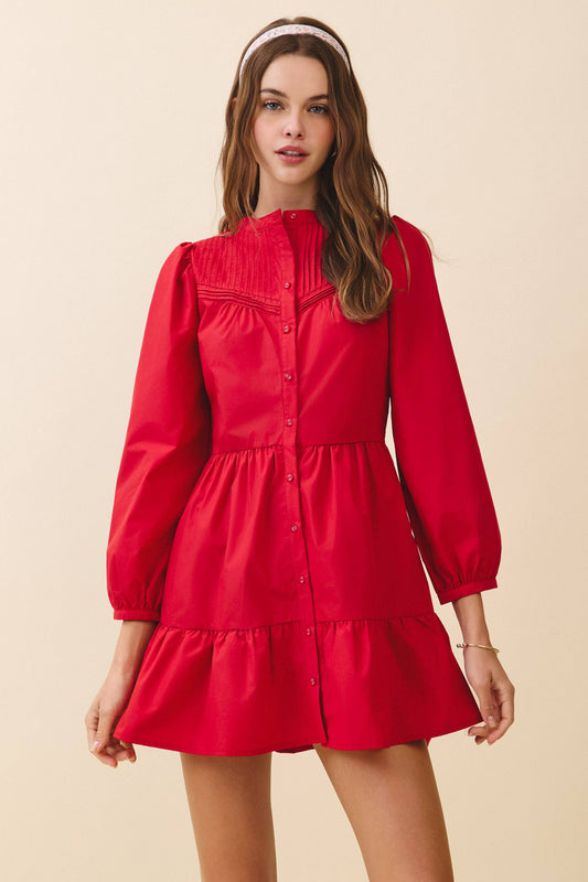Pintuck Yoke Detail Button Front Mini Dress | Red