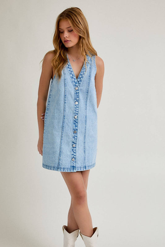 Sleeveless V-Neck Button Down Denim Mini Dress | Denim