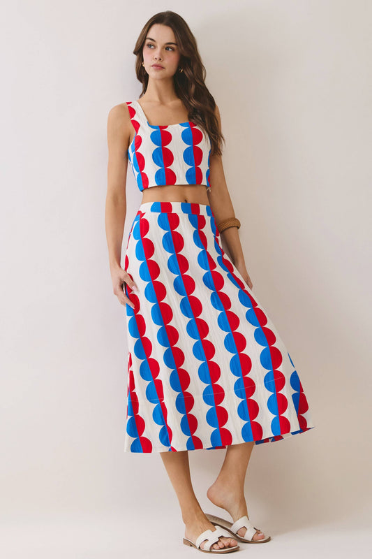 Retro Print Crop Top & Midi Skirt Set |  Red