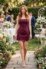 Stitch Detail Corset Mini Dress with Embroidered Scallop Hem: BURGUNDY / L