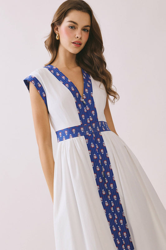 Contrast Printed Trim Detail V Neck Midi Dress | White