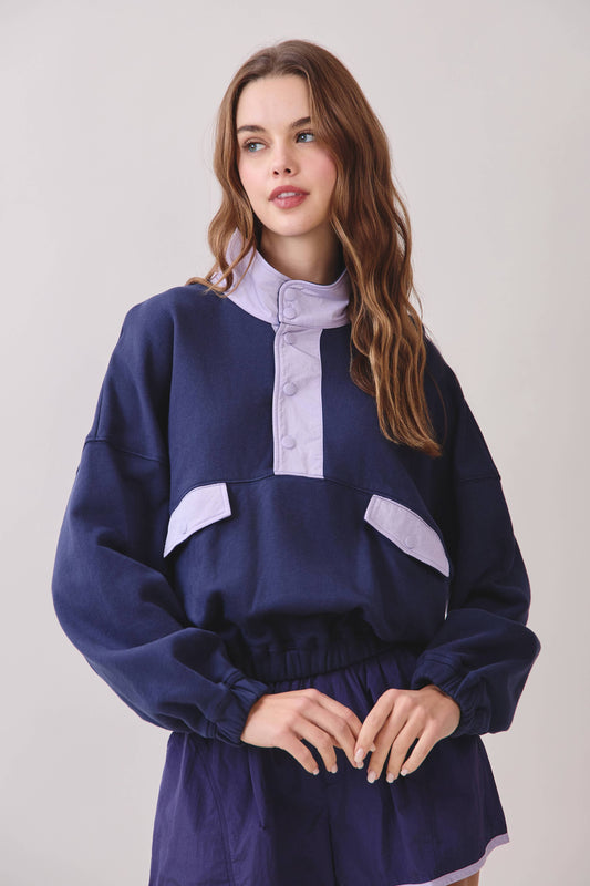Color Block Mock Neck Contrast Poplin Pullover | Navy