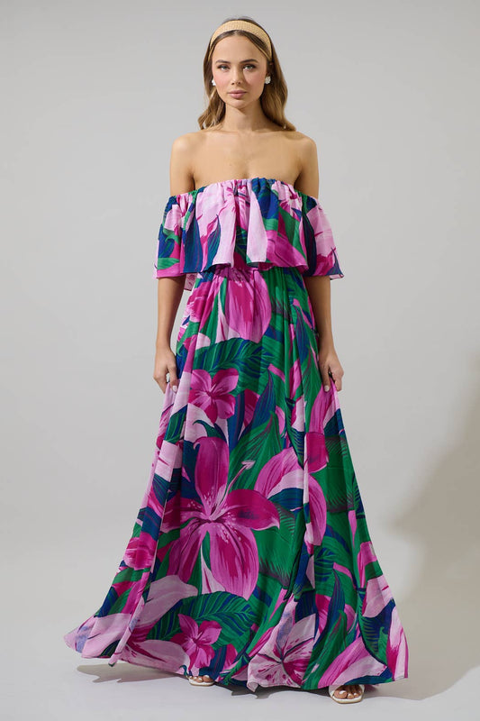 Ellerton Tropics Enamored Off the Shoulder Ruffle Dress |  Purple Multi