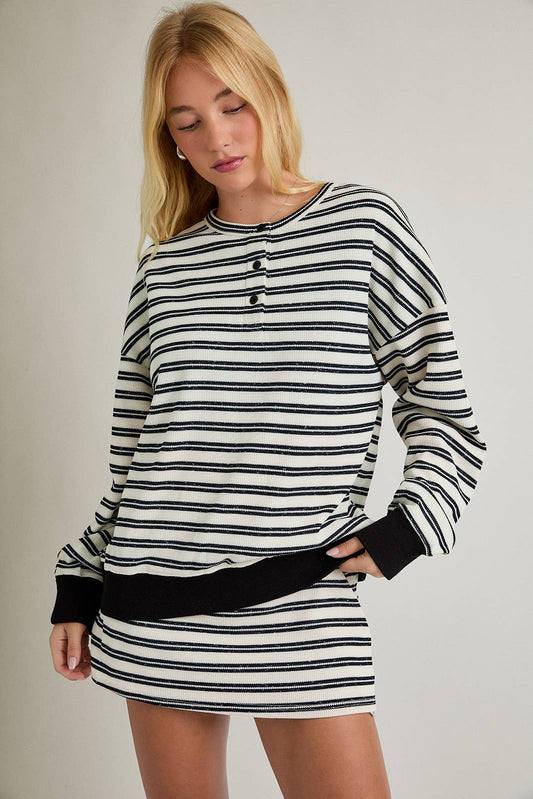 Round Neck Stripe Pullover with Mid Rise Mini Skort (Set) | Cream-Black Stripe