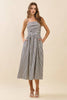 Striped Fitted Ruched Bodice Midi Dress: Black