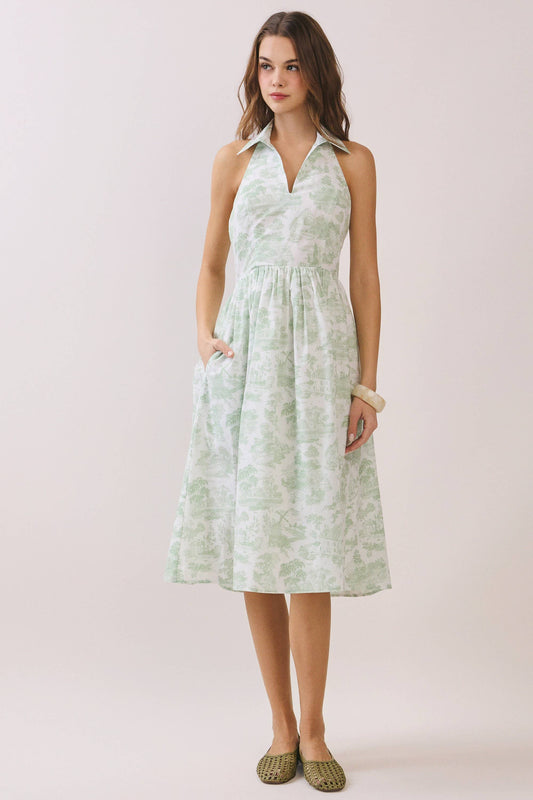 Printed Back Smocked V Neck Halter Neck Dress | Green
