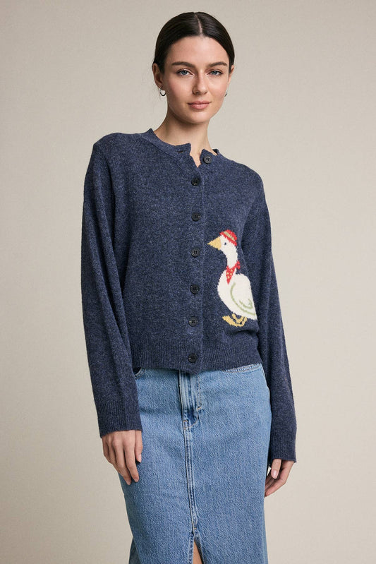 Duck Pattern Button Front Knit Cardigan | Heather Navy