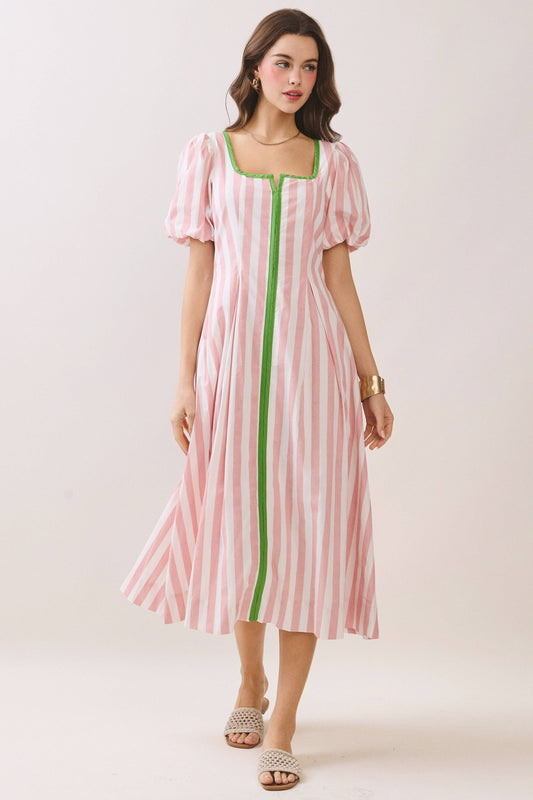 Striped Contrast Piping Detail Square Neck Dress | Pink