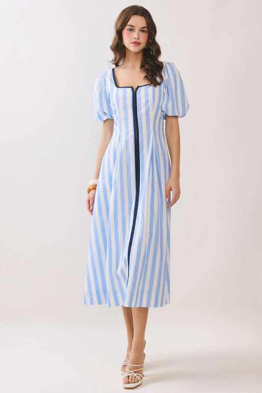 Striped Contrast Piping Detail Square Neck Dress | Blue