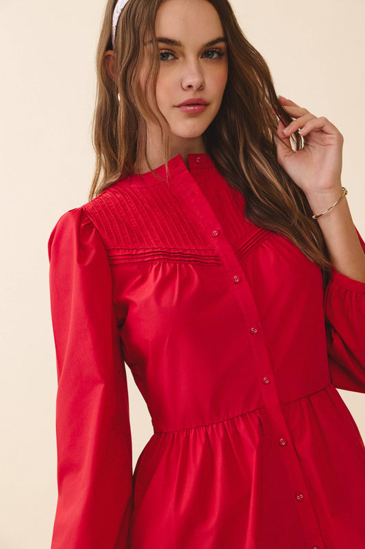 Pintuck Yoke Detail Button Front Mini Dress | Red