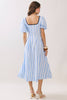 Striped Contrast Piping Detail Square Neck Dress | Blue