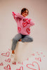Long Sleeve Round Neck Heart Printed Sweater | Pink & Fuchsia
