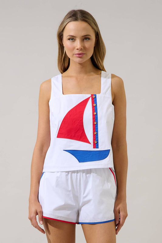 Sailboat Square Neck Tank Top | White Multi