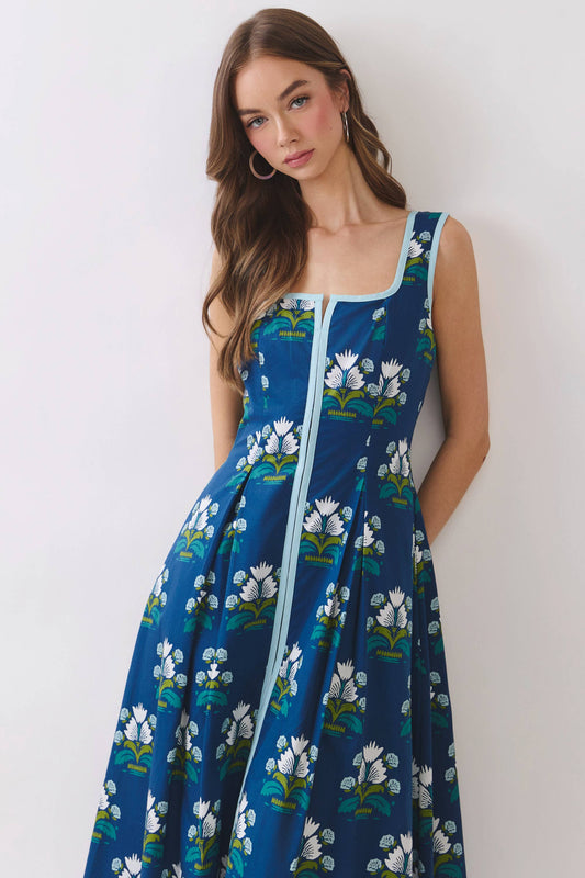 Floral Border Trim Square Neck Midi Dress | Navy