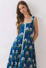 Floral Border Trim Square Neck Midi Dress | Navy