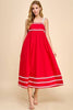 Red Midi Dress with white wavy straps and detailing