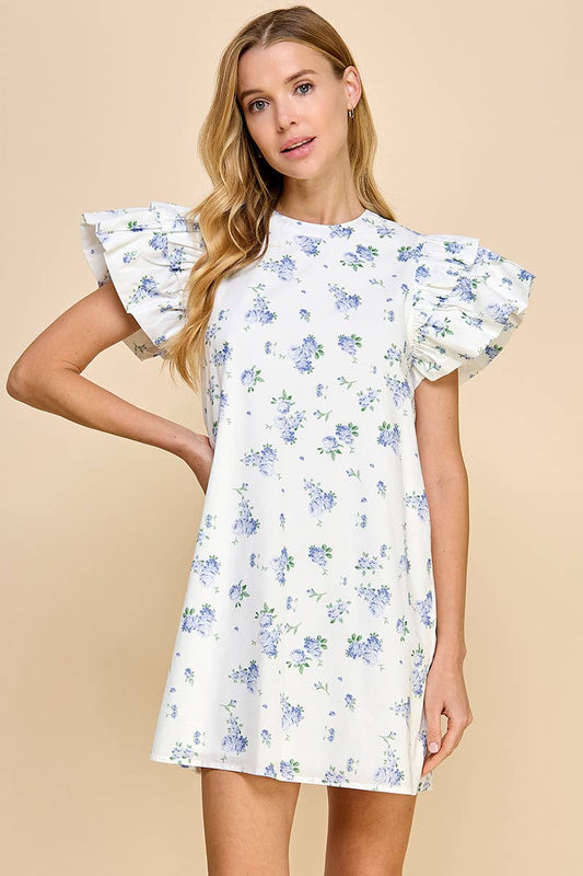 Floral Print Shift Dress with Peplum Ruffle Sleeves - Front View